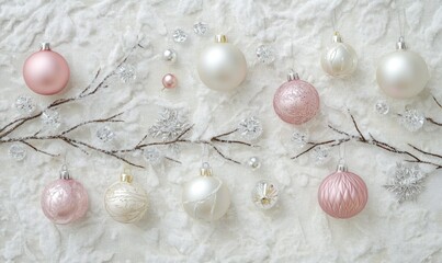 A white background with a white and pink string of Christmas ornaments