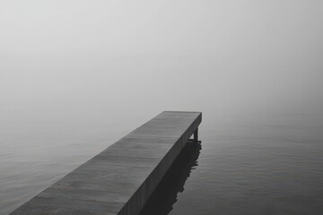 Obraz premium Foggy morning on a serene lake with a solitary wooden dock extending into calm waters