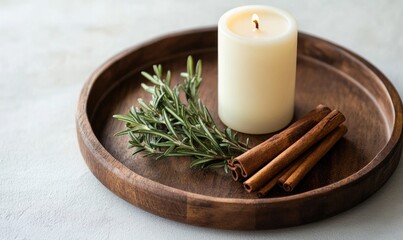 A candle is lit on a wooden tray with cinnamon sticks and rosemary