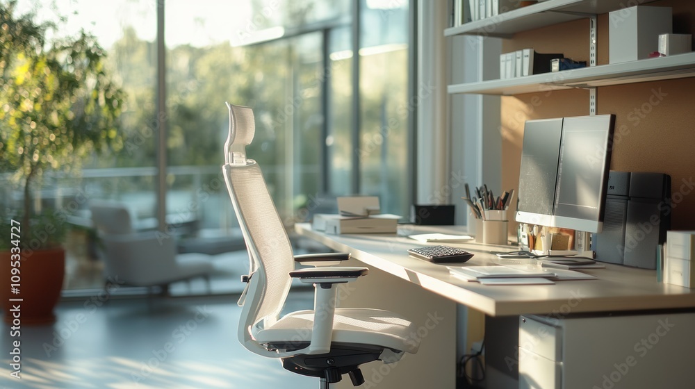 Poster modern white office chair in a sunny workspace with a computer desk