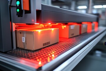 Obraz premium Automated conveyor system with glowing sensors sorting and transporting cardboard boxes in a modern warehouse environment for efficient logistics operations