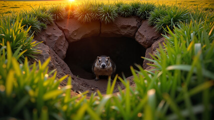 Groundhog peering from burrow in sunlit grassy surroundings