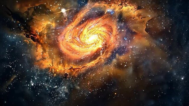 Spiral galaxy with a bright orange center. The galaxy is surrounded by a dark background with a few stars scattered throughout. Concept of wonder and awe at the vastness of the universe