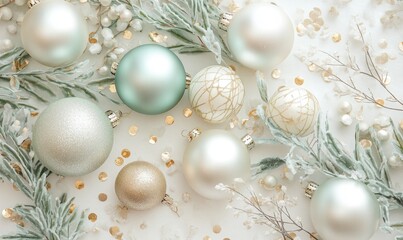 A bunch of white and green Christmas ornaments
