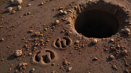 Paw prints leading into open burrow in soft soil