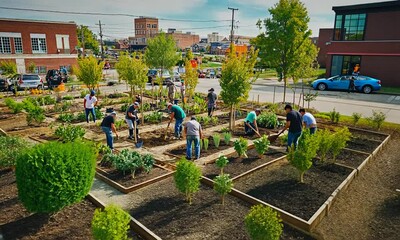 Community Volunteers Engaging in Urban Gardening Initiative to Promote Sustainability in a Green Space with Lush Plants and Healthy Vegetation