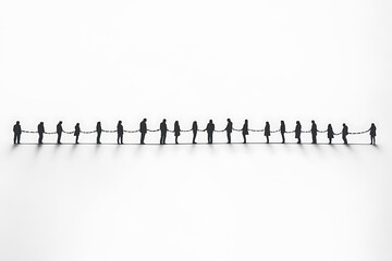 Group of people holding hands in a line on a minimalist white background during daylight