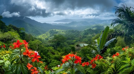 A panoramic view capturing the beauty of Puerto Rican hibiscus, amapola (Thespesia grandiflora), in full bloom amidst the tropical rainforest of El Yunque National Forest, Puerto Rico.