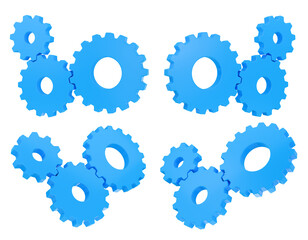Cartoon gears system set. Isolated blue cogwheels. 3D rendering.