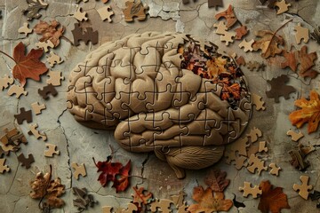 Jigsaw puzzle shaped like human brain losing pieces with autumn leaves symbolizing aging and memory loss