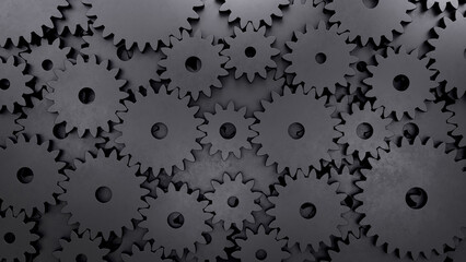 Black gears background. Cogwheel system. 3D rendering.