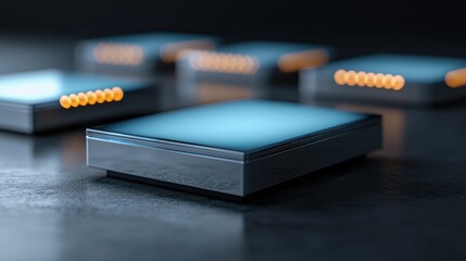 Futuristic Digital Processing Units with Glowing LED Indicators in a High-Tech Environment for AI Assistant Applications