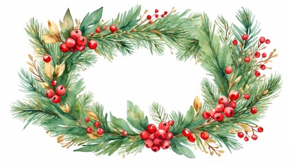  Watercolor Pine Wreath with Red Berries and Gold Accents, Soft Green and Raspberry Tones, Festive and Elegant