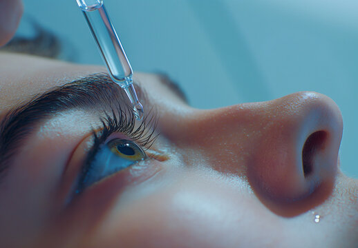 Close-up of eye drops being applied to an eye while lying down