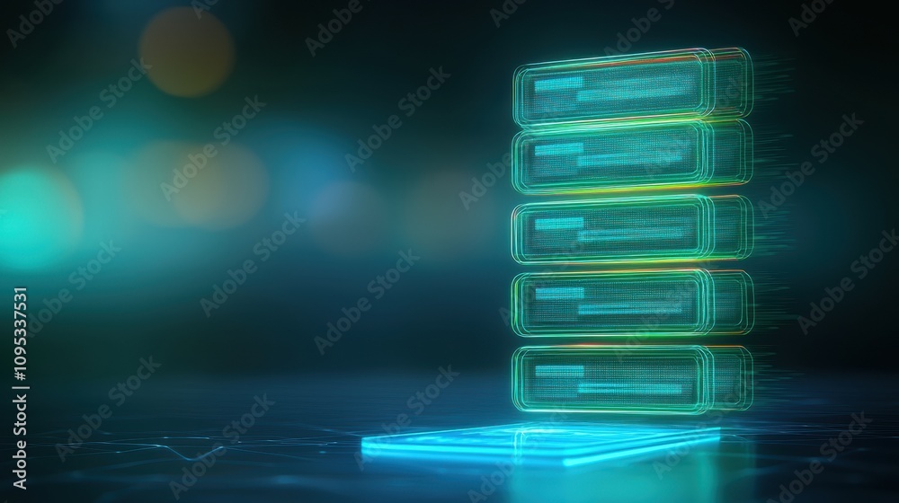 Poster futuristic online registration flow visualized through holographic technology on a digital platform 