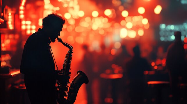 Saxophonist silhouette performing on stage in a dimly lit nightclub with blurred background of dancing people.
