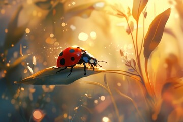 Ladybug on leaf, golden sunset glow.