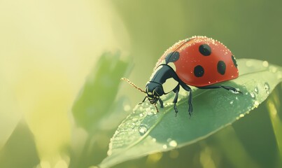 Obraz premium Ladybug on dewy leaf, sunlight, nature.