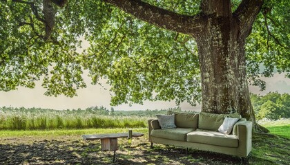 큰 나무 아래 대화를 할 수 있는 소파와 테이블이 놓여있다