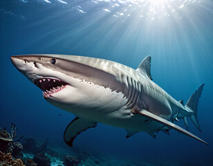 Fototapeta premium A huge shark swims in the depths of the ocean.