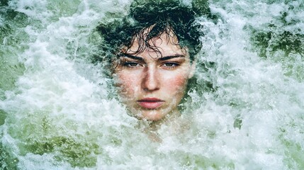 Fototapeta premium A woman's face, serene and focused, superimposed over a roaring waterfall. Double Exposure. [Women]:[Strength].Keywords: Mindfulness, inner strength, nature, water, face, double exposure. 
