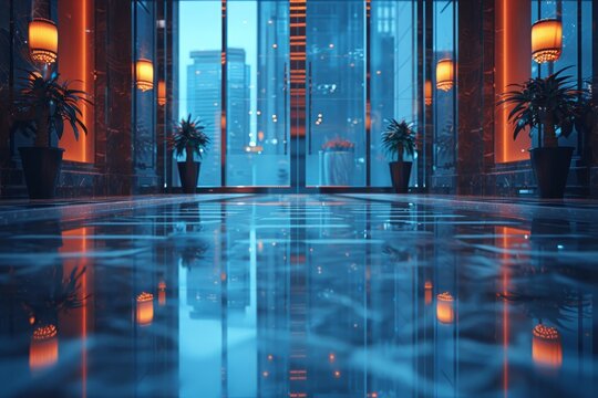 Blurred Image of Empty Lobby in High-Rise Office Building for Corporate Setting