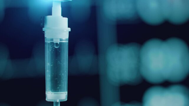 Medical IV saline drip with ECG monitor on the background. Healthcare technology for patient care and emergency treatment. Modern hospital equipment for recovery, surgery and intravenous therapy