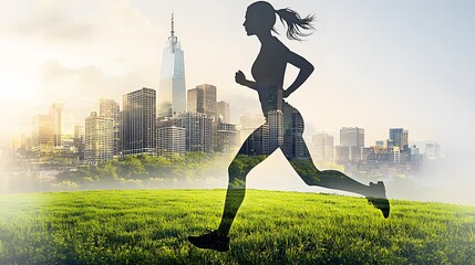 A woman's silhouette running through a field, superimposed over a cityscape. Double Exposure. [Women]:[Strength].Keywords: Freedom, ambition, city, nature, running, silhouette, double exposure. 