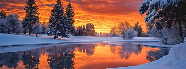 A beautiful orange and red sunset over a snow-covered golf course with trees in the background