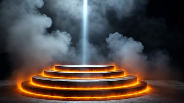 Fire podium background flame hot stage platform show black light. Fire burn background red podium gold pedestal effect round stand award golden product abstract.