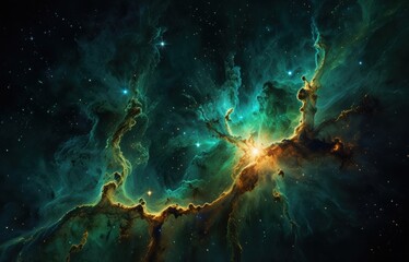Obraz premium Background with space nebula in black and green tones. Emerald universe, endless space