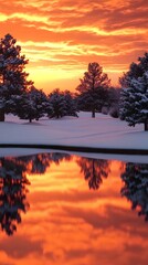 Fototapeta premium A beautiful orange and red sunset over a snow-covered golf course with trees in the background