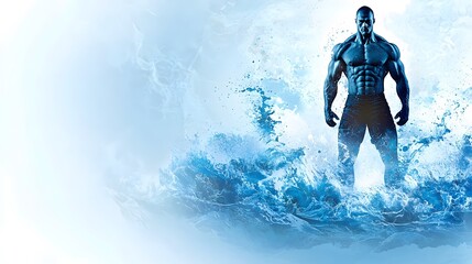 Naklejka premium A strong man standing against a backdrop of crashing waves, his figure blended with the sea, symbolizing resilience and the ability to face challenges head-on.Double Exposure.[men]:[Strength] 