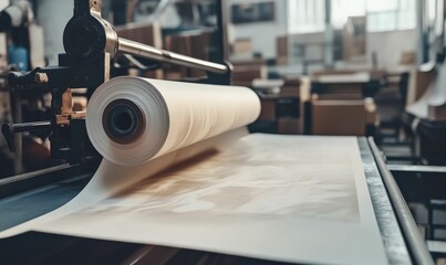 Large paper roll unwinding on printing press.
