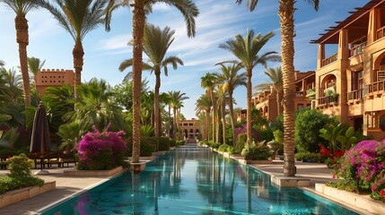 Fototapeta premium A scenic view of an Egyptian hotel surrounded by lush palm trees, vibrant flowers, and a sparkling swimming pool under the clear sky.