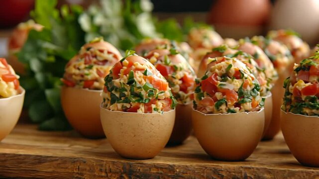 Delicious stuffed eggs with vegetables and herbs displayed on a wooden platter