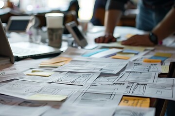 Messy table with laptop, mobile phone and coffee cup, covered with wireframes, sketches and sticky notes, while a software developer is working