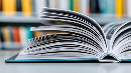 Open book resting on a table with blurred shelves of books in the background during daylight