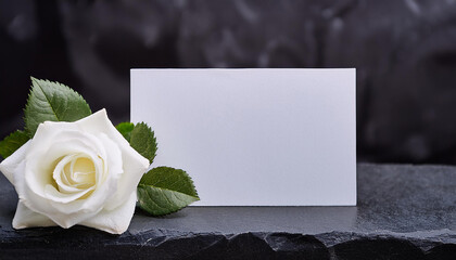 Condolence card and white flower on dark stone surface. Mock-up. Close-up.