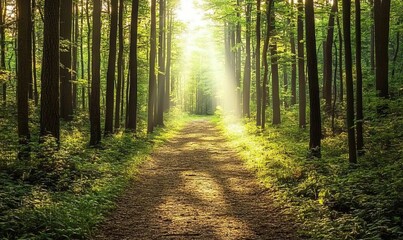 Naklejka premium Sunlit path through lush green forest.