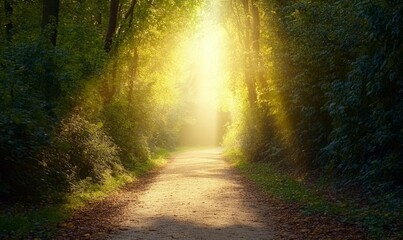 Obraz premium Sunlit path through verdant forest trees.