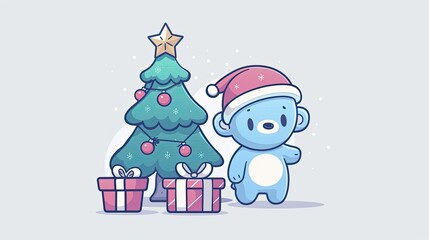 Stickers of a cute little bear wearing a hat and standing next to a Christmas tree