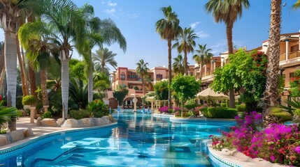 A scenic view of an Egyptian hotel surrounded by lush palm trees, vibrant flowers, and a sparkling swimming pool under the clear sky.