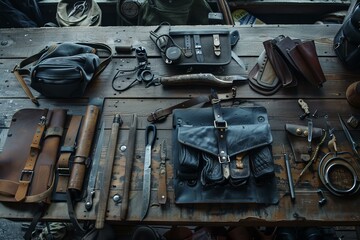 Essential bushcraft gear including knives, bags, fire starter, compass, and tools arranged on a weathered wooden table, creating a rugged and adventurous atmosphere