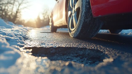 A red car navigates a snow-covered road, carefully avoiding deep potholes. The sun sets, casting a warm glow over the landscape, highlighting the winter hazards