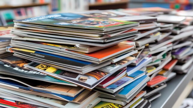 Stacks of colorful magazines on a table in a bookstore, showcasing diverse topics and styles for readers to explore and enjoy