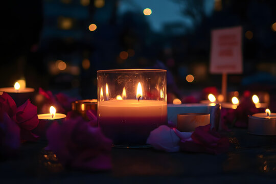 A candlelight vigil commemorating lives lost, illuminated by warm flames and touching tributes against a somber backdrop.