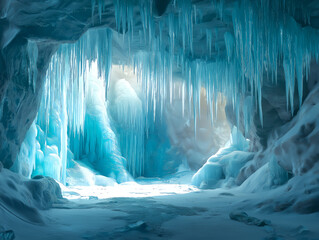 ice cavern with glowing turquoise waterfall and icicles