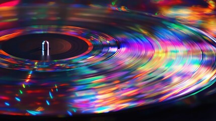 A vibrant, colorful vinyl record spinning on a turntable, reflecting light in various hues.