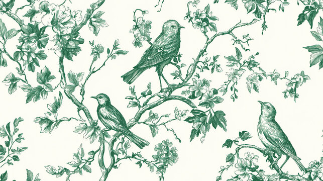 A green and white floral print with three birds on a tree branch
